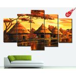 Sunset African Village Painting HD Wall Portrait Canvas