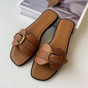 Clacy Buckle Ladies Brown Slippers