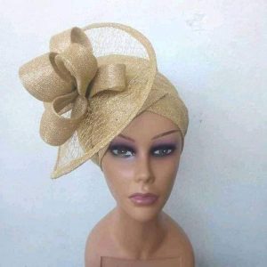 Ladies Turban Cap With Fascinator - Gold