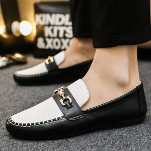 Men's Casual Leather Moccasins Slip On Loafers Driving Shoes - Black & White
