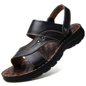 Men's Sandals Slippers Leather Open Shoes Black